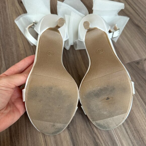 Lulus Ayanna Ivory Satin Bow Ankle Strap High Heel Sandals Size 5 - Picture 9 of 10